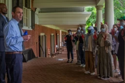 University of Virginia President Jim Ryan exiting Pavilion VI is confronted by students protesting his decision to break up an anti-war demonstration, Thursday, May 9, 2024.