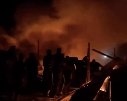 Still from a video shot by Kharmes al-Refi of the Israeli airstrike on the tent camp in the designated safe zone of Tel-al Sultan, western Rafah