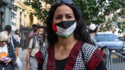 palestine protestors with a palestine flag mask