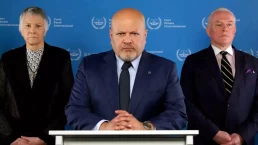 Karim Khan (centre) announces ICC arrest warrant against Benjamin Netanyahu. (Photo: Screengrab / ICC)