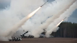 Launch of military missiles (rocket artillery) at the firing field during military exercise