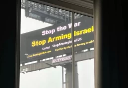 stop the war stop arming israel billboard in New Haven Connecticut