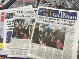 news of Israel and Hamas agreed to a ceasefire deal which is widely reported in UK newspaper , with Gaza people cover picture