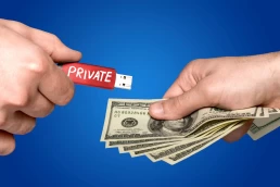 Private data buy/sell concept, usb flash with text PRIVATE in one hand and US dollar in other