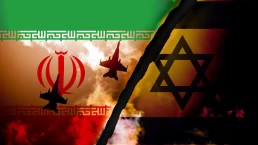 graphic of israel flag and Iran flag with fighter jets and fire indicating a potential war