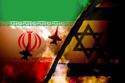 graphic of israel flag and Iran flag with fighter jets and fire indicating a potential war