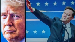 Donald Trump and Elon Musk photos with USA flag in the background. Elon Musk does nazi salute.