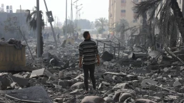Massive destruction caused by the bombing on a residential apartment in Hamad City, Qatar, in Khan Yunis, south of the Gaza Strip