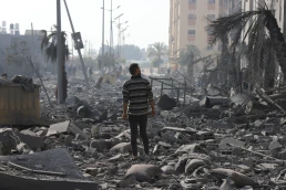 Massive destruction caused by the bombing on a residential apartment in Hamad City, Qatar, in Khan Yunis, south of the Gaza Strip