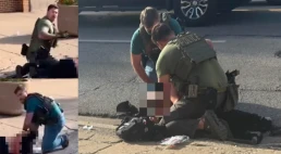 Two ICE agents rendering aid to Silverio Villegas González after shooting him during an alleged traffic stop. Source: witness videos.