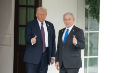 WASHINGTON D.C., USA - SEPTEMBER 29, 2025: US President Donald Trump greets Israeli Prime Minister Benjamin Netanyahu as he arrives at the White House.