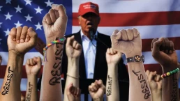 resisting trump, fists in air in front of trump and usa flag