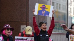 San Francisco, CA – December 6, 2024: Anti-war and human rights activists call for the arrest of California Democratic Senator Alex Padilla for supporting Israel's war in Gaza.