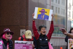 San Francisco, CA – December 6, 2024: Anti-war and human rights activists call for the arrest of California Democratic Senator Alex Padilla for supporting Israel's war in Gaza.