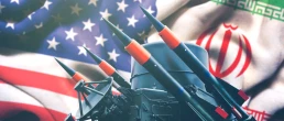 usa flag and iran flag with missile system overlay