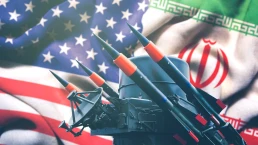 usa flag and iran flag with missile system overlay