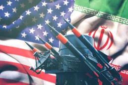 usa flag and iran flag with missile system overlay