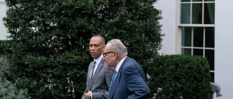 Senate Minority Leader Chuck Schumer and D-N.Y. House Minority Leader Hakeem Jeffries, D-N.Y. came out and talked to the press after a meeting with president Donald j trump sep 29 2025 washington D