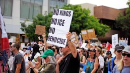 PASADENA, CALIFORNIA - JUNE 14, 2025: American citizens march in the 