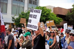 PASADENA, CALIFORNIA - JUNE 14, 2025: American citizens march in the 