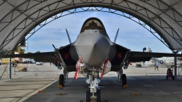 Pensacola, FL, USA - November 11, 2016: A U.S. Air Force F-35 Joint Strike Fighter (Lightning II) jet in a hangar. This F-35 is assigned to the 33rd Fighter Wing at Eglin Air Force Base.