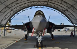 Pensacola, FL, USA - November 11, 2016: A U.S. Air Force F-35 Joint Strike Fighter (Lightning II) jet in a hangar. This F-35 is assigned to the 33rd Fighter Wing at Eglin Air Force Base.