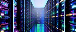 Modern server room, corridor in data centre with Supercomputers racks, neon lights and conditioners. . 3D rendering illustration
