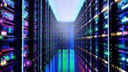 Modern server room, corridor in data centre with Supercomputers racks, neon lights and conditioners. . 3D rendering illustration