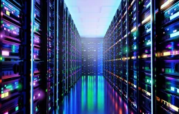 Modern server room, corridor in data centre with Supercomputers racks, neon lights and conditioners. . 3D rendering illustration