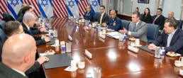 dept of war image of hegseth with Israeli flags in meeting with Netanyahu