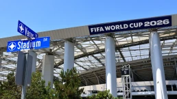 Inglewood, Los Angeles County, California – June 9, 2026: SoFi Stadium displaying FIFA World Cup 2026 branding for tournament running June 11 to July 19, 2026