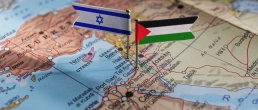 Jarusalem, Israel - 2023 October 14: Israel an Palestine flags on geopolitical Map. Gaza strip and West Bank. War conflict