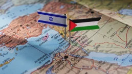 Jarusalem, Israel - 2023 October 14: Israel an Palestine flags on geopolitical Map. Gaza strip and West Bank. War conflict