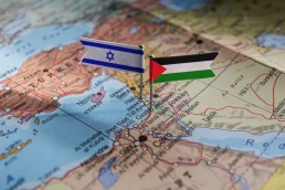 Jarusalem, Israel - 2023 October 14: Israel an Palestine flags on geopolitical Map. Gaza strip and West Bank. War conflict