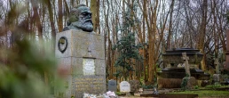 London UK - March 10 2024: Karl Marx tomb in Highgate Cemetery, a place of burial in north London, next to Waterlow Park, in the London Borough of Camden, England