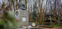 London UK - March 10 2024: Karl Marx tomb in Highgate Cemetery, a place of burial in north London, next to Waterlow Park, in the London Borough of Camden, England