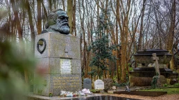 London UK - March 10 2024: Karl Marx tomb in Highgate Cemetery, a place of burial in north London, next to Waterlow Park, in the London Borough of Camden, England