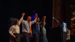 BROOKLYN, NY - June 18, 2026: Vermont Senator Bernie Sanders and Mayor Zohran Mamdani headline a Get Out The Vote Rally at the Kings Theatre in the Flatbush neighborhood. The political event gathered supporters to campaign for progressive and Democratic Socialist congressional candidates ahead of the upcoming New York primary elections. Candidates Brad Lander, Assembly member Claire Valdez, and Darializa Chevalier addressed the attendees alongside the prominent leaders. The evening program also featured a musical performance by artist Sara Bareilles. The public gathering highlights the ongoing push by anti establishment Democrats to mobilize voters and address economic issues before the midterm races.