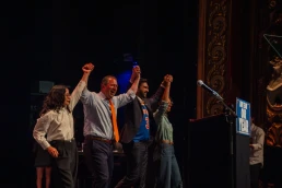 BROOKLYN, NY - June 18, 2026: Vermont Senator Bernie Sanders and Mayor Zohran Mamdani headline a Get Out The Vote Rally at the Kings Theatre in the Flatbush neighborhood. The political event gathered supporters to campaign for progressive and Democratic Socialist congressional candidates ahead of the upcoming New York primary elections. Candidates Brad Lander, Assembly member Claire Valdez, and Darializa Chevalier addressed the attendees alongside the prominent leaders. The evening program also featured a musical performance by artist Sara Bareilles. The public gathering highlights the ongoing push by anti establishment Democrats to mobilize voters and address economic issues before the midterm races.