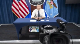 Secretary of Defense Pete Hegseth hosts a teleconference with NFL players Aaron Jones and Elijah Higgins during their visit to the 386th Air Expeditionary Wing in Kuwait from the Pentagon, Washington, D.C., April 2, 2025. (DoD photo by U.S. Navy Petty Officer 1st Class Alexander Kubitza)