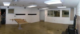 Panoramic mosaic of the execution chamber at Utah State Prison in Draper, Utah, USA. The platform at the left is used for lethal injection. The seat at the right and the two narrow gun ports on the far wall of the room are used for execution by firing squad. Built in 1998, the first person to be executed in this chamber was Joseph Mitchell Parsons in 1999