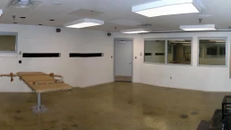 Panoramic mosaic of the execution chamber at Utah State Prison in Draper, Utah, USA. The platform at the left is used for lethal injection. The seat at the right and the two narrow gun ports on the far wall of the room are used for execution by firing squad. Built in 1998, the first person to be executed in this chamber was Joseph Mitchell Parsons in 1999