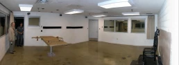 Panoramic mosaic of the execution chamber at Utah State Prison in Draper, Utah, USA. The platform at the left is used for lethal injection. The seat at the right and the two narrow gun ports on the far wall of the room are used for execution by firing squad. Built in 1998, the first person to be executed in this chamber was Joseph Mitchell Parsons in 1999