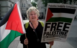 English: Palestine solidarity protester with Palestinian flag and